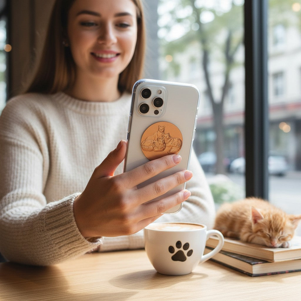 Metal Stickems three cats decorative metal sticker applied to a smartphone held by a woman in a cafe.