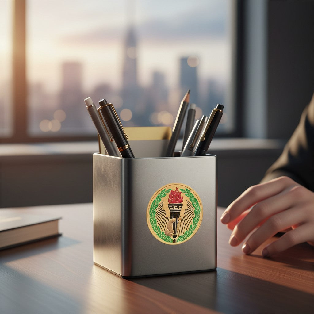 Metal Stickems 2-inch torch emblem with red flames and green laurel on a gold background applied to a pen holder.