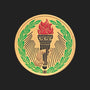 Metal Stickems 2-inch circular metal sticker featuring a torch with red flames and a green laurel wreath on gold.