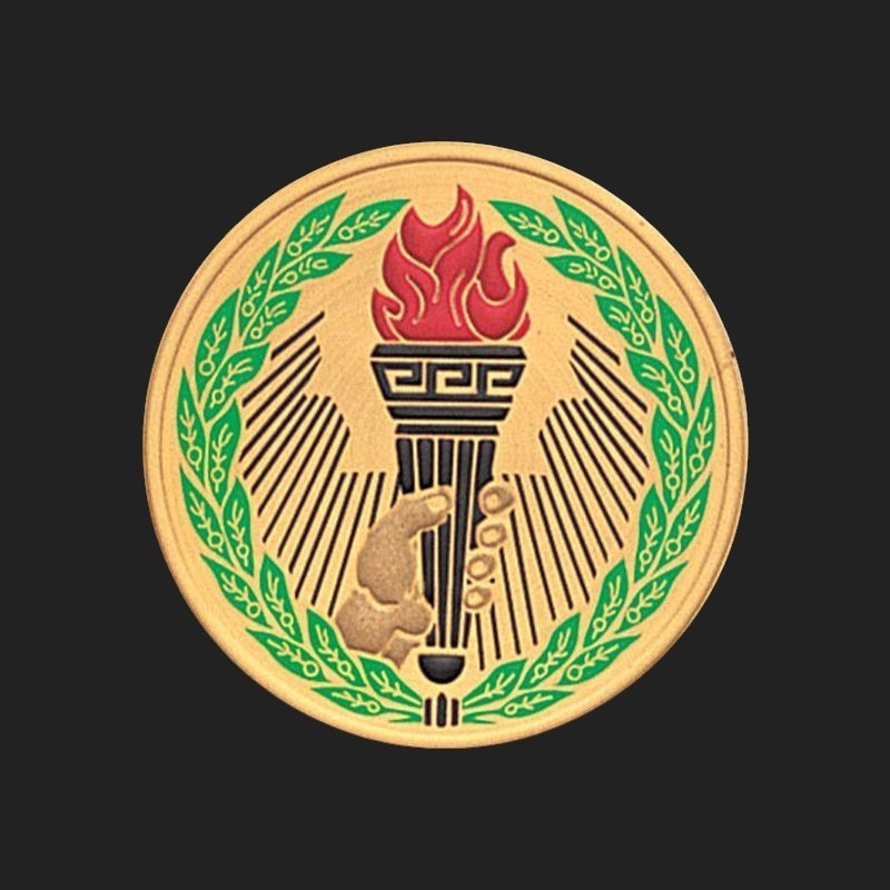 Metal Stickems 2-inch circular metal sticker featuring a torch with red flames and a green laurel wreath on gold.