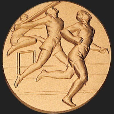 Metal Stickems 2-inch gold-toned metal sticker featuring an embossed track and field athlete relief design.