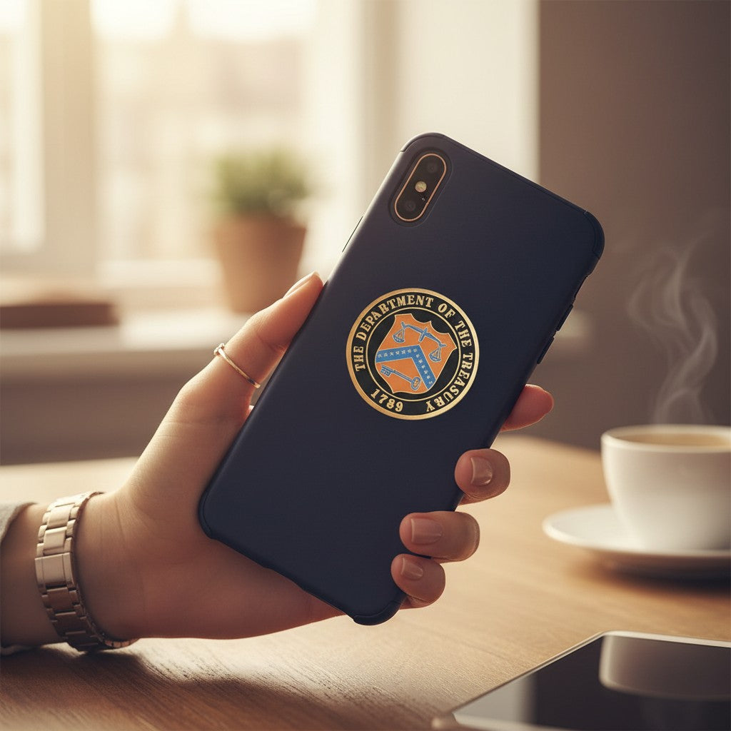 Metal Stickems 2-inch round Department of the Treasury metal sticker applied to a black smartphone case.
