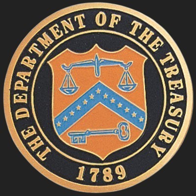 Metal Stickems 2-inch round Department of the Treasury metal sticker with official seal, scales, and key design.