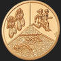 Metal Stickems 2-inch round gold triathlon sticker featuring embossed swimming, cycling, and running athlete designs.