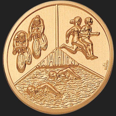 Metal Stickems 2-inch round gold triathlon sticker featuring embossed swimming, cycling, and running athlete designs.