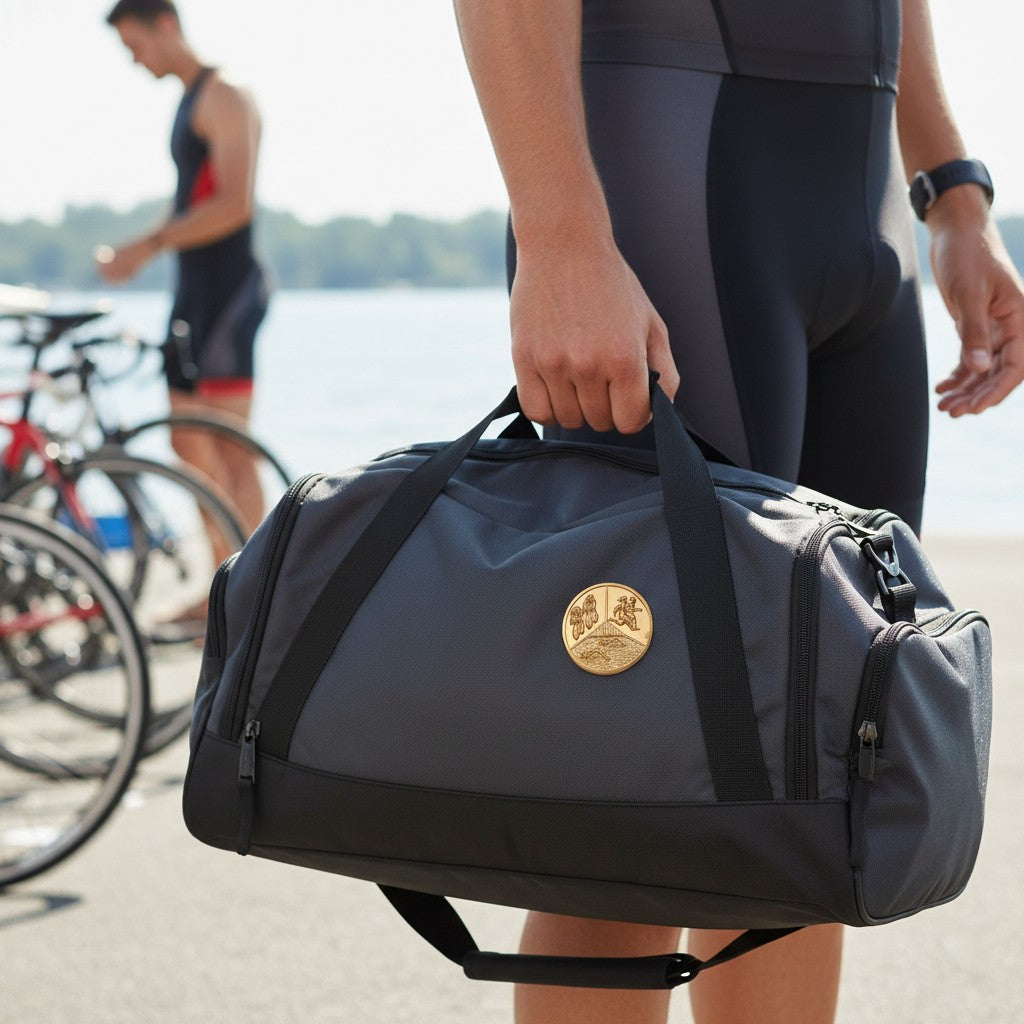 Metal Stickems triathlon achievement award sticker in gold metallic finish applied to a grey athletic gear bag