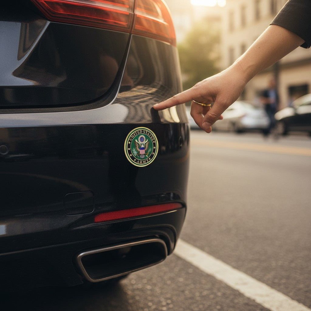 Metal Stickems 2-inch United States Army metal emblem sticker applied to the bumper of a black car
