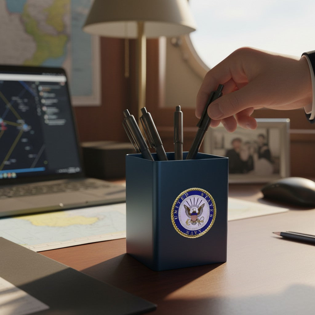 Metal Stickems United States Navy metal emblem sticker featuring the official seal on a blue desk pen holder.
