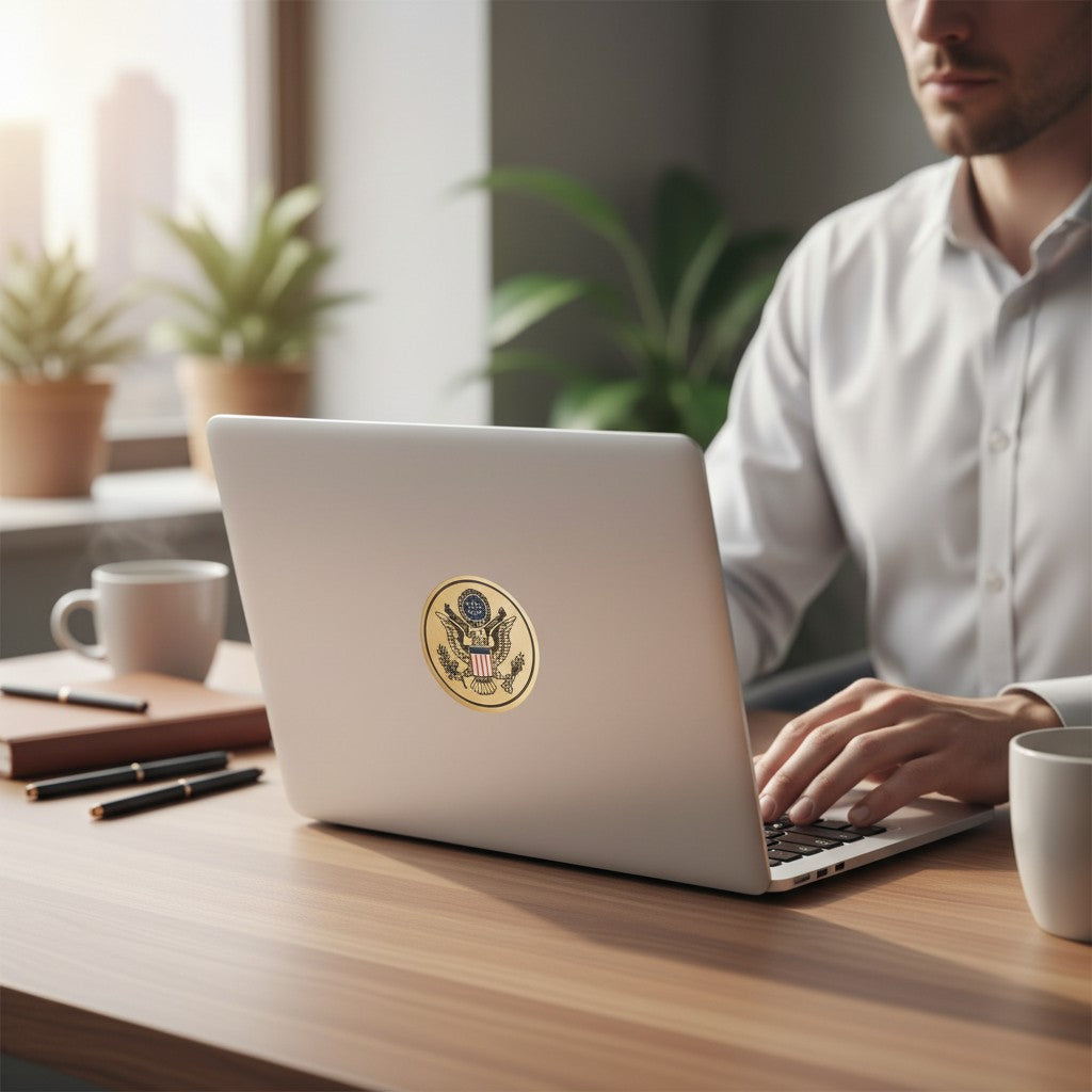 Metal Stickems 2 inch gold-tone United States Seal metal sticker applied to the back of a laptop on a desk.