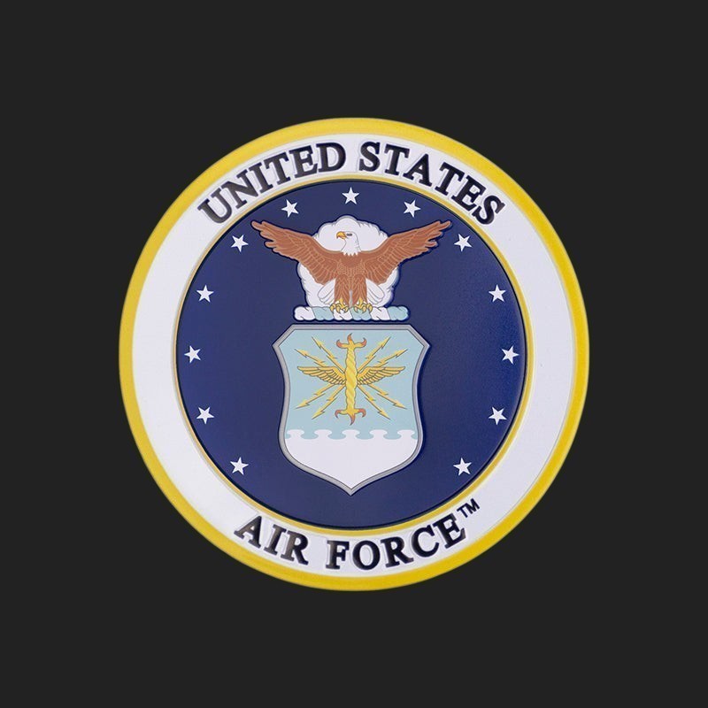 Metal Stickems 2-inch United States Air Force metal emblem sticker with iconic seal design on a black background.