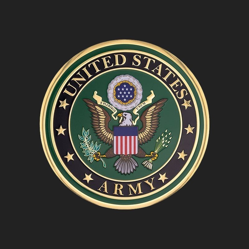 Metal Stickems 2-inch United States Army emblem with a gold-tone border and vibrant seal on a dark background.