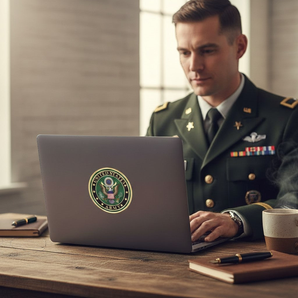 Metal Stickems 4-inch US Army metal emblem sticker on a laptop, with a soldier in uniform working at a desk.