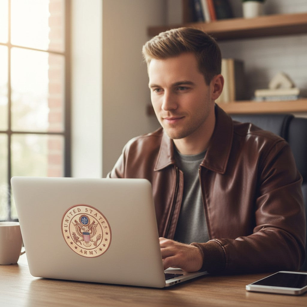 Man in brown leather jacket using a laptop with a 4-inch Metal Stickems United States Army metal emblem sticker.