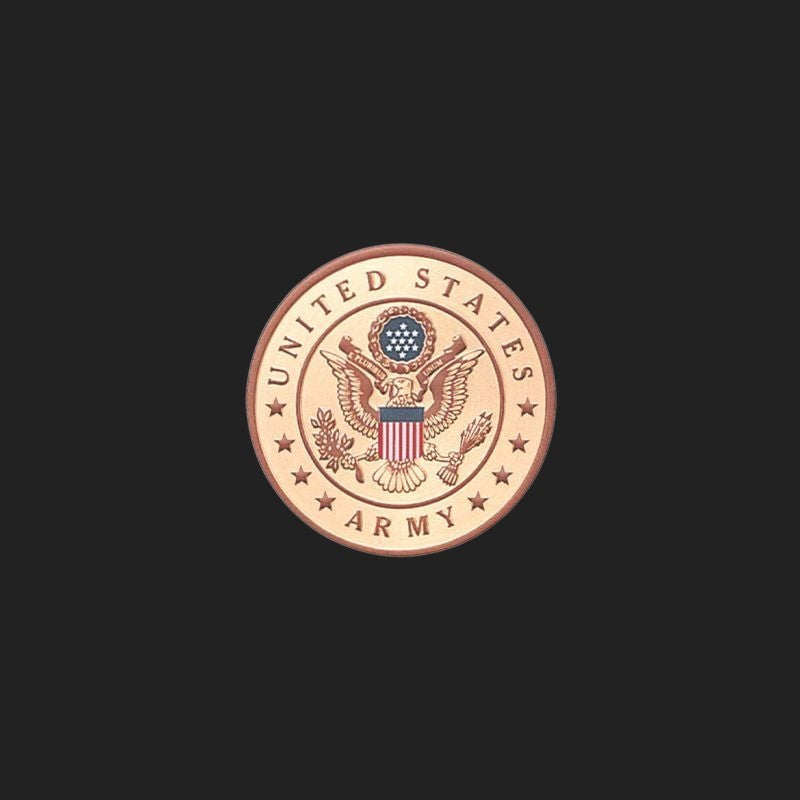 Metal Stickems 7/8-inch United States Army metal emblem sticker with detailed gold-tone seal on a black background.