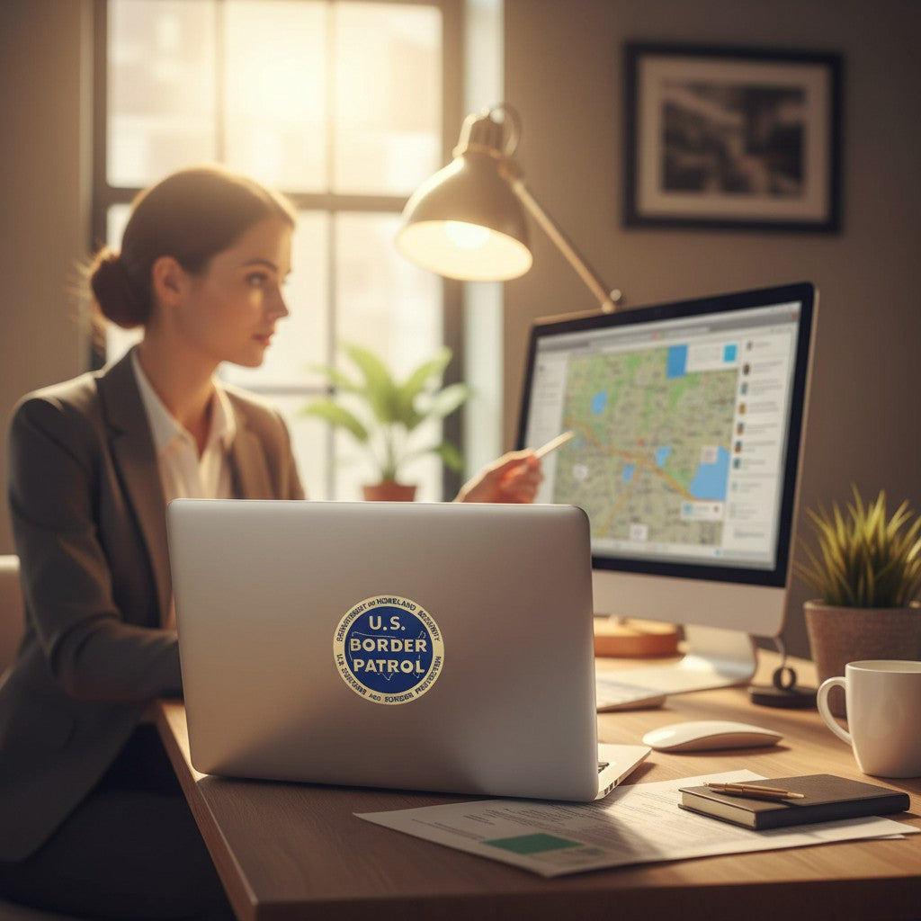 Metal Stickems 2-inch U.S. Border Patrol metal emblem in blue and gold on a laptop in a professional office setting.