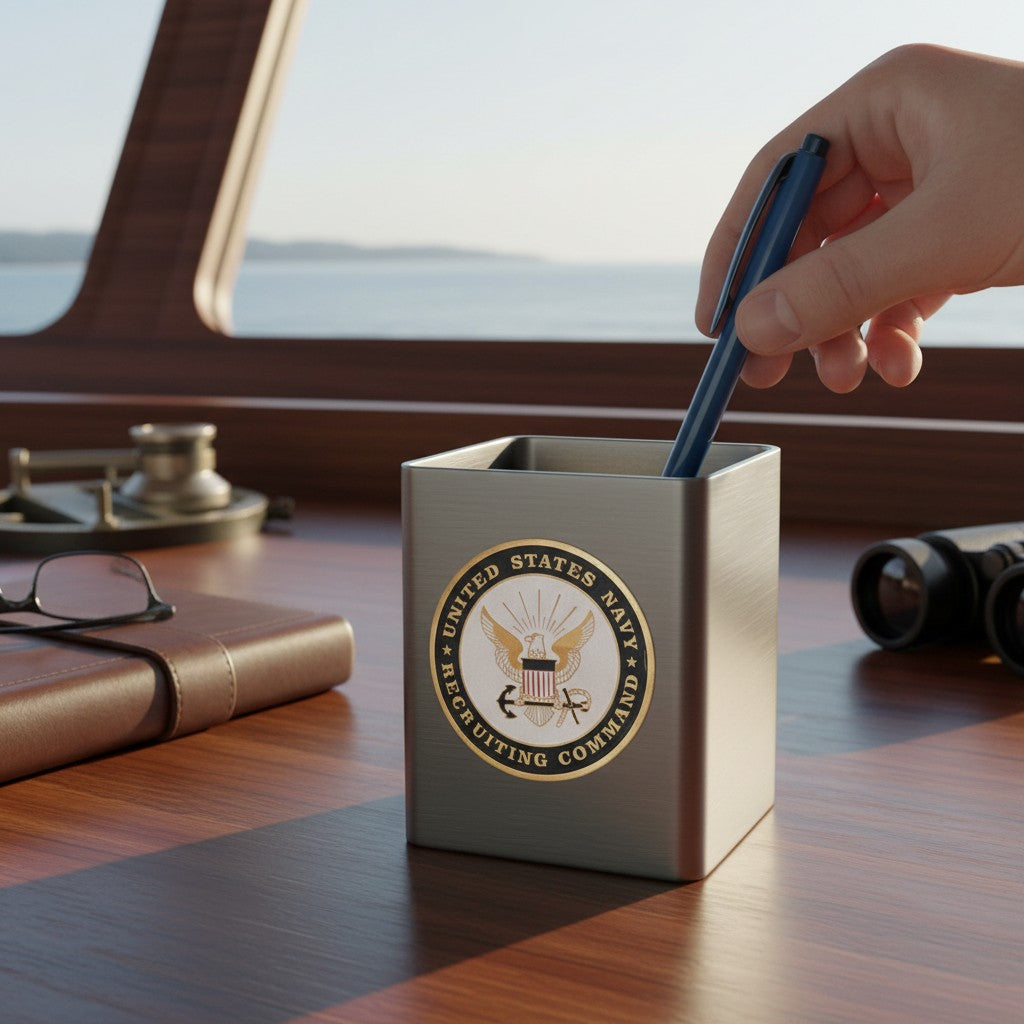 Metal Stickems US Navy Recruiting Command metal emblem sticker applied to a silver desk pen holder