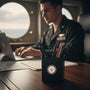 Metal Stickems US Navy metal emblem sticker on a black pen holder on a desk with a sailor in the background