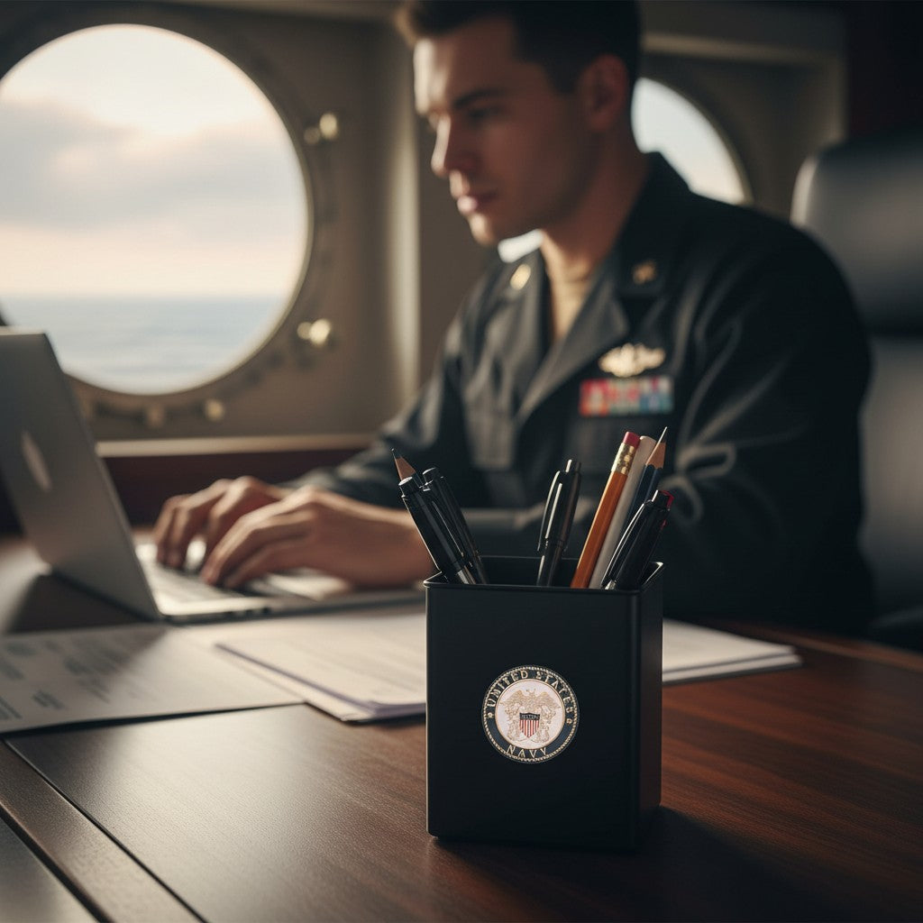 Metal Stickems US Navy metal emblem sticker on a black pen holder on a desk with a sailor in the background
