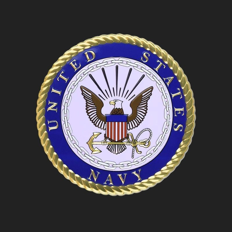 Metal Stickems 2-inch United States Navy emblem featuring a gold rope border, blue seal, and eagle design.