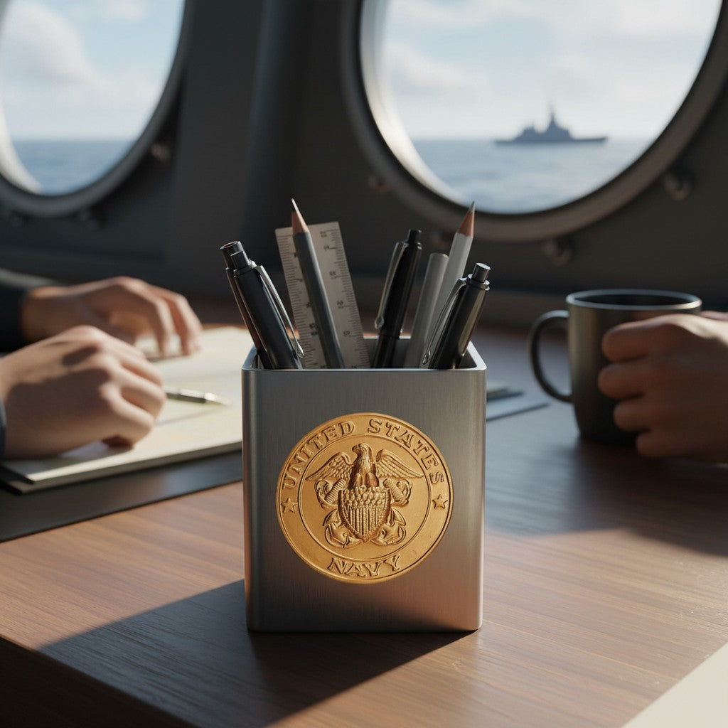 Metal Stickems 2-inch gold-tone U.S. Navy seal metal sticker applied to a desk pencil holder on a ship