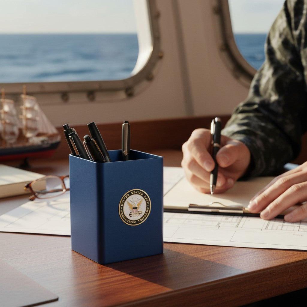 Metal Stickems gold-tone US Navy Recruiting Command metal sticker on a blue desk pen holder in a ship cabin