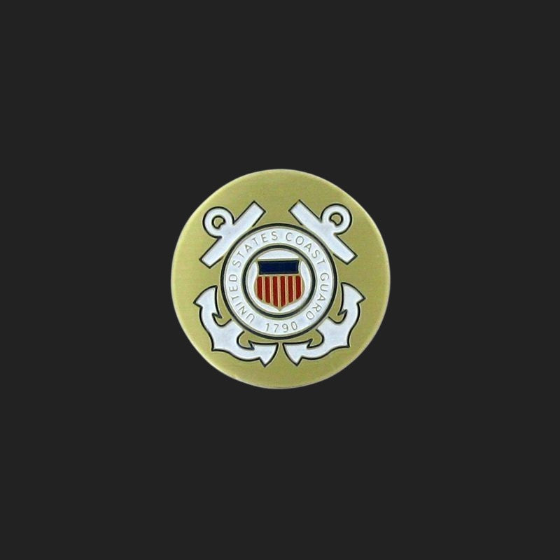 Metal Stickems 7/8 inch United States Coast Guard metal emblem sticker with gold, white, and red USCG seal design.