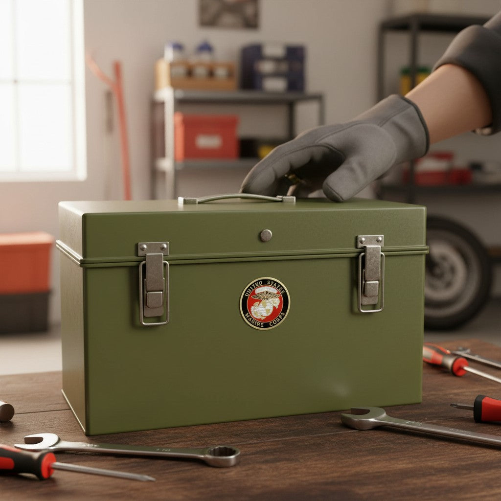 Metal Stickems USMC emblem sticker on a green metal toolbox with tools on a workbench