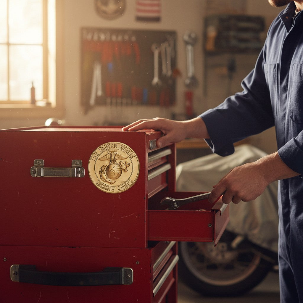 Metal Stickems USMC gold-tone metal emblem featuring the Eagle, Globe, and Anchor on a red toolbox in a workshop.