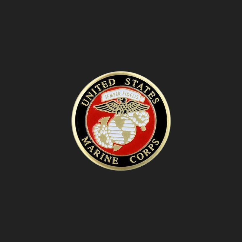 Metal Stickems USMC emblem featuring the Eagle, Globe, and Anchor in red, black, and gold enamel on a 7/8 inch disc.