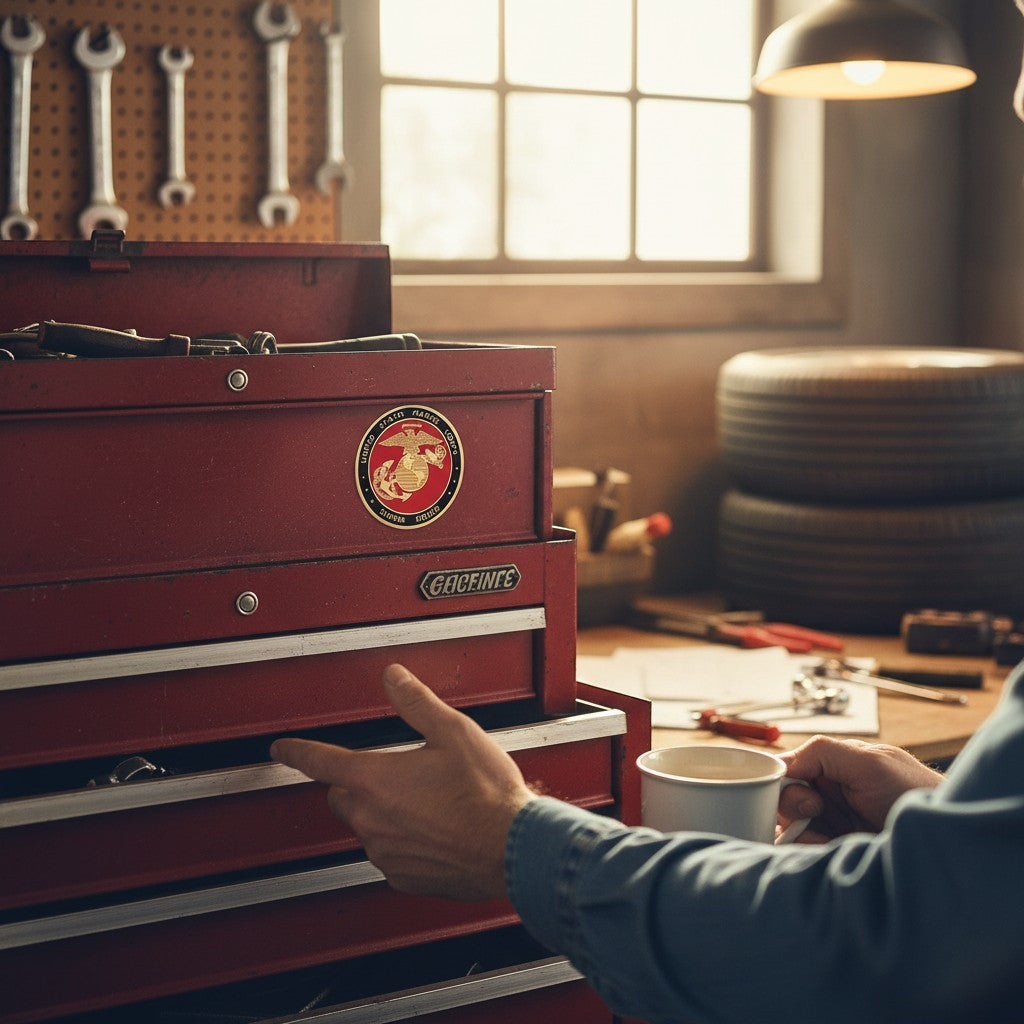 Metal Stickems USMC Eagle Globe and Anchor metal emblem sticker applied to a red metal toolbox in a workshop.