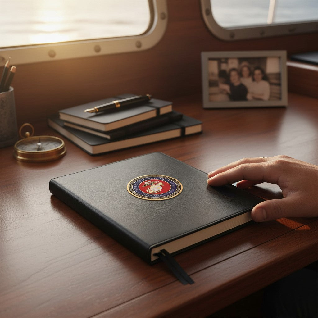 Metal Stickems 2-inch USMC Eagle Globe and Anchor metal sticker applied to a black notebook on a wooden desk.