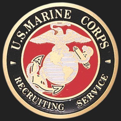 Metal Stickems 2-inch U.S. Marine Corps Recruiting Service metal emblem in red, black, and gold.