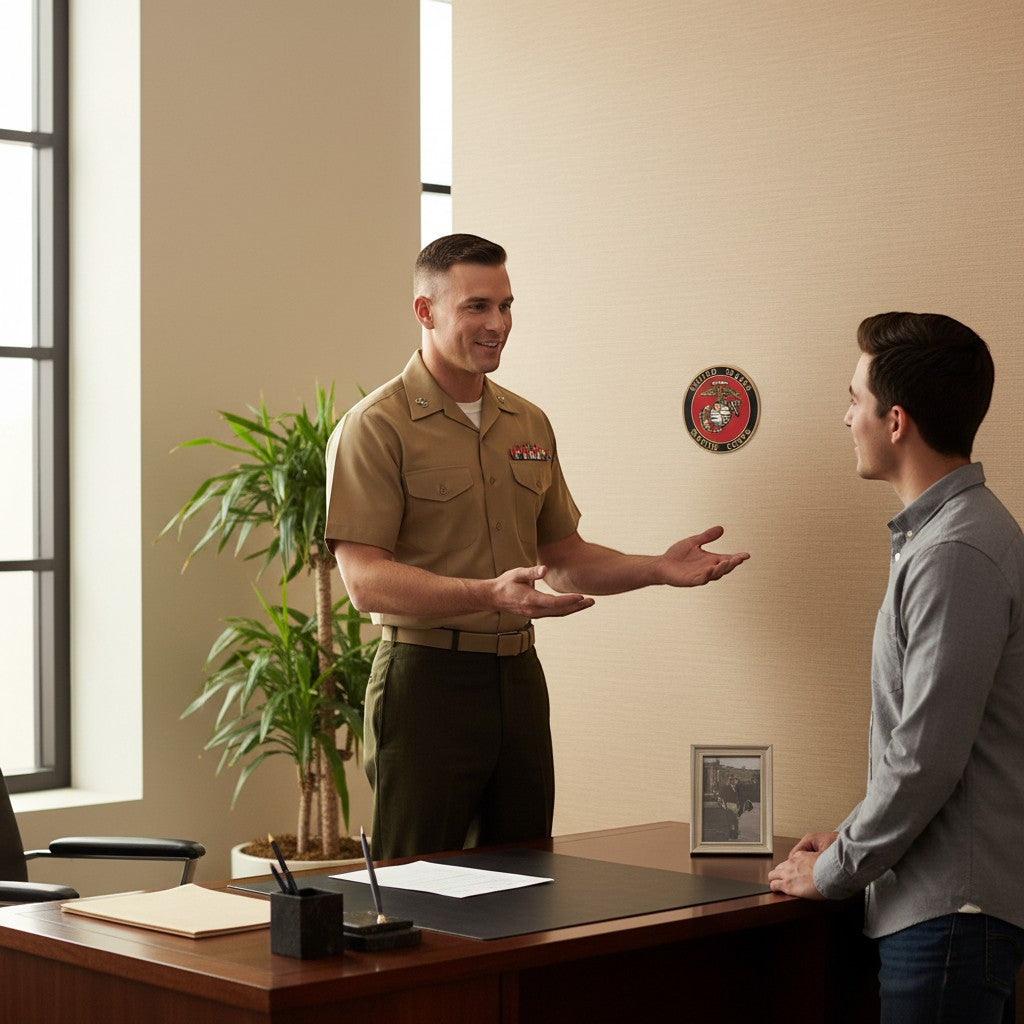 Metal Stickems 4-inch USMC metal wall emblem featuring the Eagle, Globe, and Anchor displayed in a professional office.