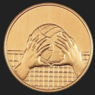 Metal Stickems 2-inch round gold adhesive sticker featuring an embossed volleyball setting design for sports gear.