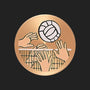 Metal Stickems 2-inch round metal volleyball sticker featuring a detailed set play design in a sleek metallic finish.