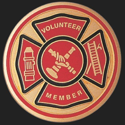 Metal Stickems 2-inch volunteer firefighter Maltese cross metal decal in red, black, and gold for gear or vehicles.