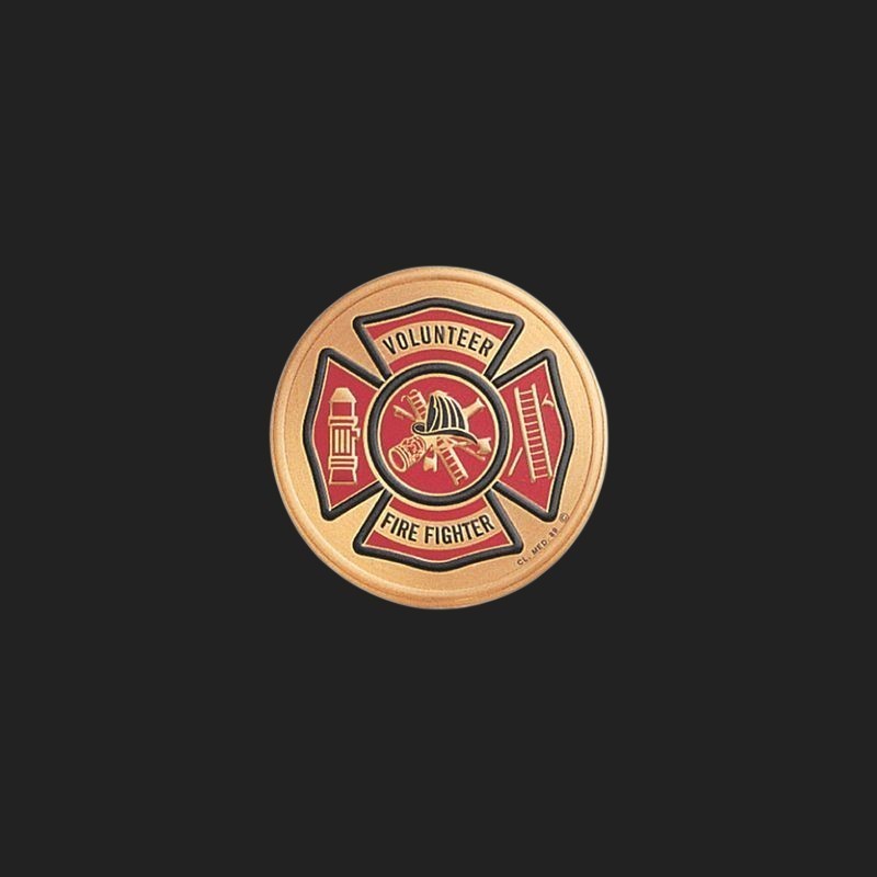 Metal Stickems 7/8 inch volunteer firefighter emblem with a gold Maltese cross and red background.