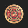 Metal Stickems 2-inch volunteer firefighter emblem featuring a red and gold Maltese cross with fire gear icons.