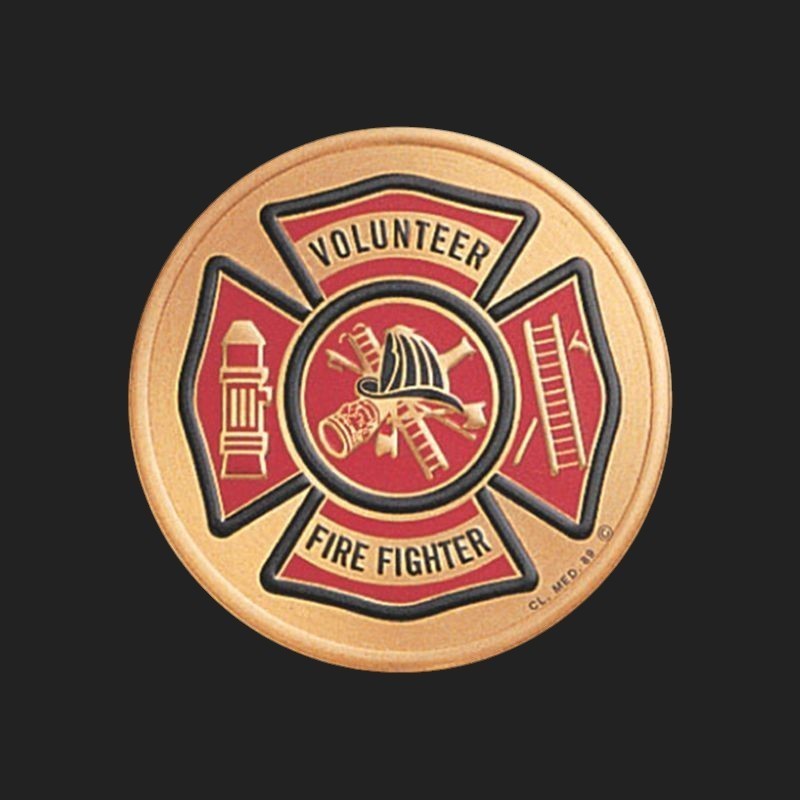 Metal Stickems 2-inch volunteer firefighter emblem featuring a red and gold Maltese cross with fire gear icons.