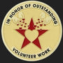 Metal Stickems 2-inch gold-tone volunteer recognition sticker with a red star, heart motif, and engraved text.