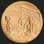 Metal Stickems 2-inch round gold-tone metal sticker featuring an embossed water polo match scene.