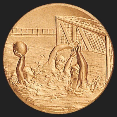 Metal Stickems 2-inch round gold-tone metal sticker featuring an embossed water polo match scene.