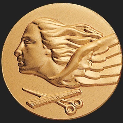 Metal Stickems 2-inch gold-toned metal sticker featuring an embossed winged goddess silhouette and salon tools.