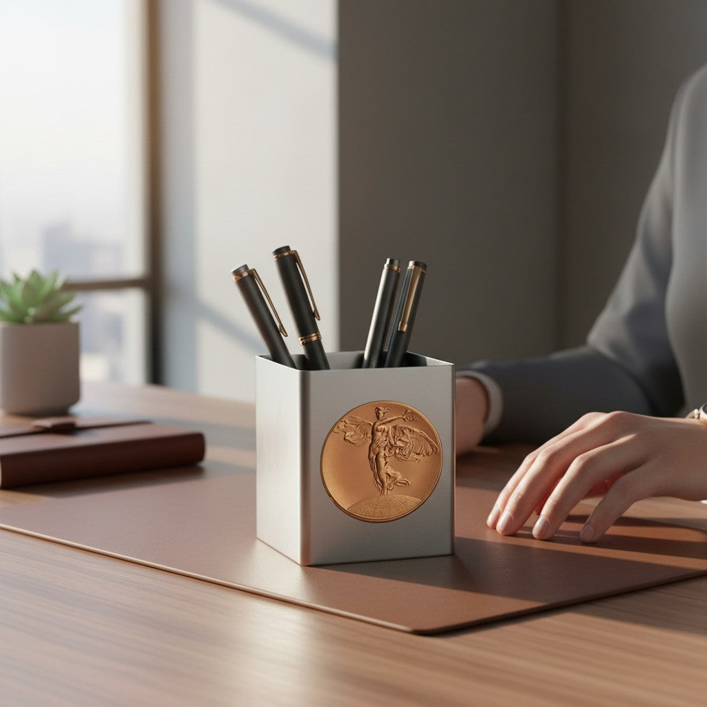 Metal Stickems Winged Victory circular metal emblem in bronze finish applied to a modern desk pen holder.