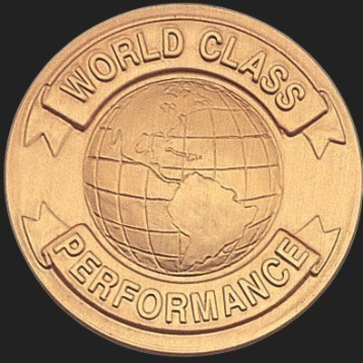 Metal Stickems 2-inch round metallic sticker featuring a globe motif and World Class Performance text.
