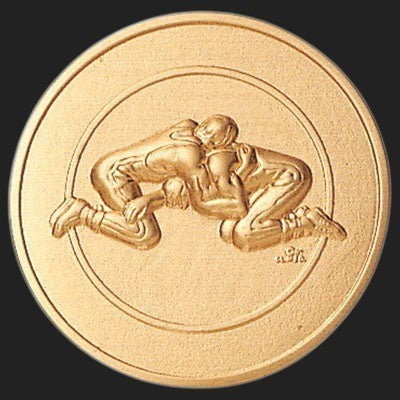 Metal Stickems 2-inch gold adhesive sticker featuring an embossed wrestling design for gear and personal items.