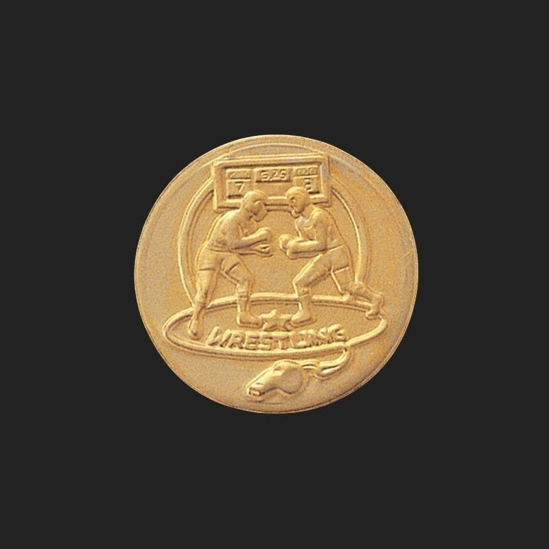 Metal Stickems 1-inch gold-tone wrestling emblem featuring an embossed design of two wrestlers and a scoreboard.
