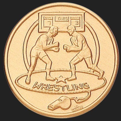 Metal Stickems 2-inch round gold metallic sticker featuring an embossed wrestling match design with a scoreboard.