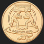 Metal Stickems 2-inch round gold metallic sticker featuring an embossed wrestling match design with a scoreboard.