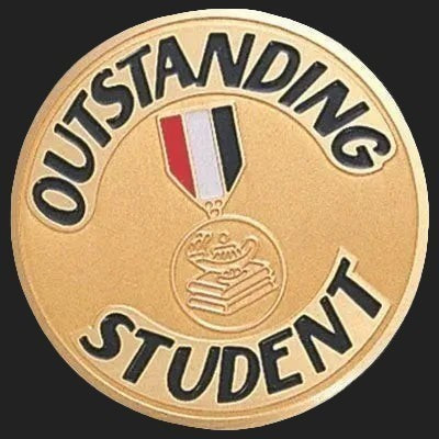 Gold badge with 'Outstanding Student' text and a medal icon on a white background
